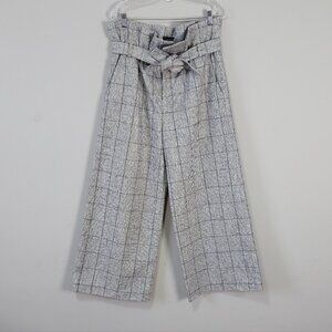 Laveer Boho Chic Paperbag Heathered Plaid Pant Size 12 Gray Tie Belt Wide Leg